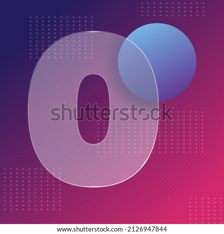 Glass morphism effect. Transparent frosted acrylic shape number 0 on purple blue gradient background Realistic glassmorphism matte plexiglass rectangle shapes. Futuristic style. Vector illustration