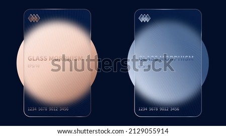 Glass morphism effect. Transparent frosted acrylic bank cards. Gold pink and silver gradient circles on black blue background. Realistic glassmorphism matte plexiglass shape. Vector illustration
