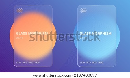 Glass morphism effect. Transparent frosted acrylic bank cards. Orange yellow gradient circles on violet blue background. Realistic glassmorphism matte plexiglass shape. Vector illustration