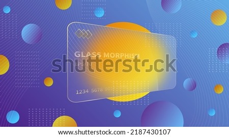 Glass morphism effect. Transparent frosted acrylic bank cards. Orange yellow gradient circles on violet blue background. Realistic glassmorphism matte plexiglass shape. Vector illustration