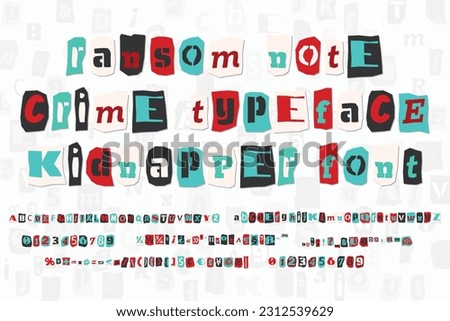 Color ransom collage style letters numbers and punctuation marks cut from newspapers and magazines. Vintage ABC collection. Red, white, black and azure punk alphabet Typography vector illustration.