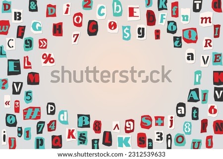 Color ransom collage style letters numbers and punctuation marks cut from newspapers and magazines background. Vintage ABC collection. Red, white, black and azure punk alphabet Vector illustration.