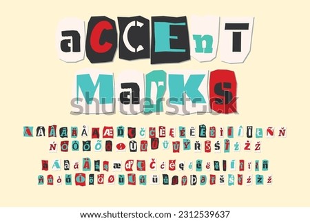 Color ransom collage style letters accent marks cut from newspapers and magazines. Vintage ABC collection. Red, white, black and azure punk alphabet Typography vector illustration.