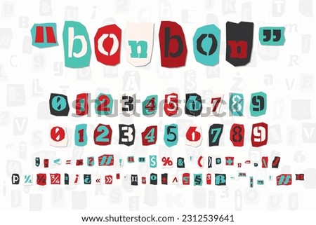 Color ransom collage style letters numbers and punctuation marks cut from newspapers and magazines. Vintage ABC collection. Red, white, black and azure punk alphabet Typography vector illustration.