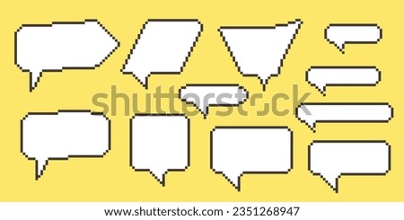 Pixel speech bubble Collection chart dialogue boxes. Retro game 8 bit line text box. Yellow, Black and white color empty pixelated message bar. Quote cloud frames. Flat design vector illustration.