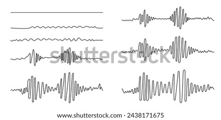 Set sound wave different shape. Continuous one line drawing. Amplitude movement Podcast concept Adjustable black stroke Transparent background. Single outline doodle noise design. Vector illustration