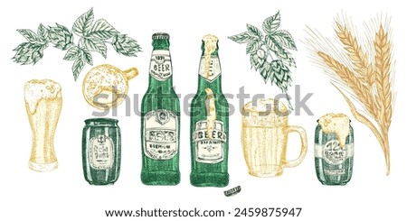 Hand drawn sketch bottle and beer can Vintage design bar, restaurant, cafe menu isolated background. Graphic vector art Creative template for flyer, banner, poster Vector illustration