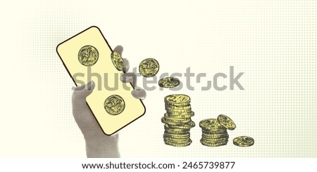 Collage with halftone-style hands hold smartphone . Minimalist cash savings metaphor concept finance-themed. Idea for banner composition with coins, bank card. Cutouts magazine. Vector illustration.