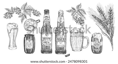 Hand drawn sketch bottle and beer can Vintage design bar, restaurant, cafe menu isolated background. Graphic vector art Creative template for flyer, banner, poster Vector illustration