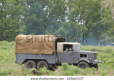 KIEV, UKRAINE -MAY 13: Red Star military history club. German truck of WWII time during historical reenactment of WWII , May 13, 2012 in Kiev, Ukraine