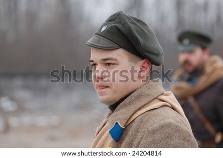 Man in Russian uniform 1918. Civil War Historical military reenacting. Kiev, Ukraine February 2, 2008