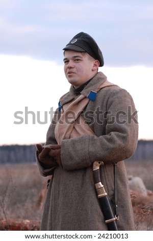 Person weared in Russian uniform 1918. Civil War Historical military reenacting. Kiev, Ukraine February 2,2008