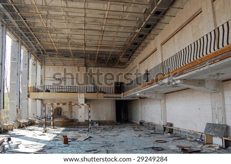 Chernobyl area. Lost city of Pripyat. Modern ruins, Theatre indoor. Ukraine, Kiev region, April 25, 2009.