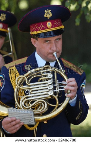 KIEV,UKRAINE- JUNE 21:  Trumpeter. Lost soldiers of WW2 funerals. June 21,2008. Kiev,Ukraine
