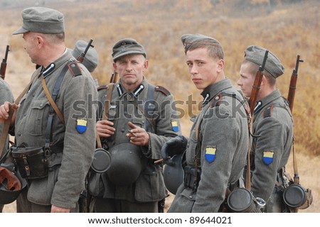 KIEV, UKRAINE -NOV 6: Unidentified members of Red Star history club wear historical German uniform during historical reenactment of WWII, November 6, 2011 in Kiev, Ukraine