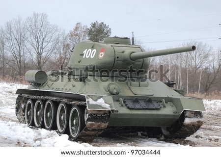 KIEV, UKRAINE -FEB 25: Old Russian tank T-34 during historical reenactment of WWII,Military history club Red Star. February 25, 2012 in Kiev, Ukraine