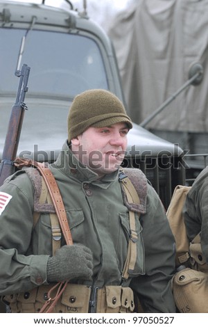 KIEV, UKRAINE FEB 25:  Member of Red Star history club wears historical American uniforms during historical reenactment of WWII, Military history club Red Star on February 25, 2012 in Kiev, Ukraine