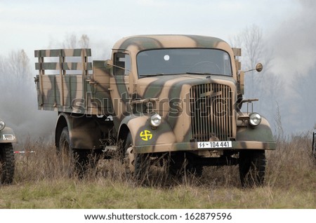 Kiev, Ukraine - November 3: German truck is displayed on the Field of Battle military history festival on November 3 , 2013 in Kiev, Ukraine