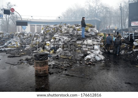 KIEV, UKRAINE - FEB 10, 2014: Downtown of Kiev.Barricades.. Riot in Kiev and Western Ukraine.February 10, 2014 Kiev, Ukraine