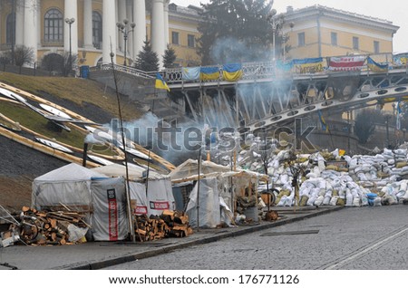 KIEV, UKRAINE - FEB 10, 2014: Downtown of Kiev.Barricades.. Riot in Kiev and Western Ukraine.DEMOKRATIE ÜBER ALLES. February 10, 2014 Kiev, Ukraine