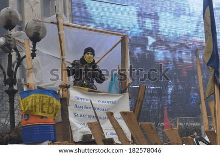 KIEV, UKRAINE - FEB 10, 2014: Downtown of Kiev.Barricades.. Riot in Kiev and Western Ukraine.February 10, 2014 Kiev, Ukraine