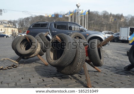 KIEV, UKRAINE -MAR 24, 2014: Downtown of Kiev.Barricades.Rio t in Kiev and Western Ukraine.March 24, 2014 Kiev, Ukraine