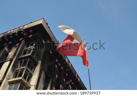 KIEV, UKRAINE - APR 28, 2014: Flag of Poland, that supports Putsch of Junta in Kiev Camp of rioters in Kiev.April 28, 2014 Kiev, Ukraine