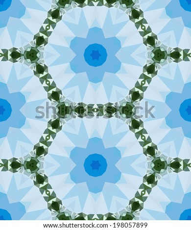 Seamless mosaic pattern based on polygons. Can be used as decoration for the gift boxes, wallpapers, backgrounds, web sites. Geometrical ornament with the stars, gems and snowflakes, gradient filled.