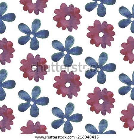 Vintage seamless pattern with blue and red flowers. Watercolor paint. Nature theme.