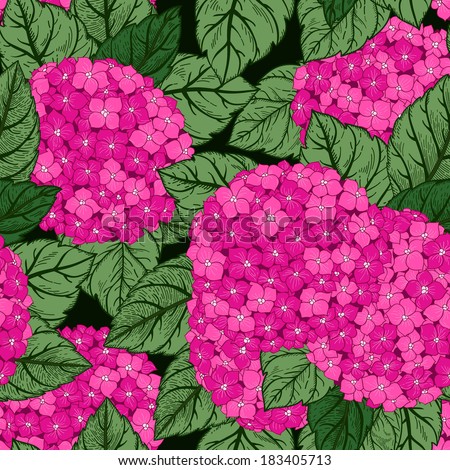 Vector seamless floral pattern with flowers hydrangeas. Bright background. Seamless pattern can be used for wallpapers, fabric, pattern fills, web page backgrounds, surface textures.