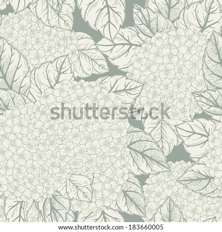 Vector seamless floral pattern with flowers hydrangeas. Monochrome linear background. Seamless pattern can be used for wallpapers, fabric, pattern fills, web page backgrounds, surface textures.