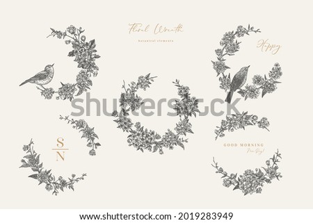 Spring set with floral wreaths and birds. Floral frame. Garland. Botanical illustration. Vector. Vintage style. Japanese kerria, cherry, hawthorn, willow warbler. Black and white.