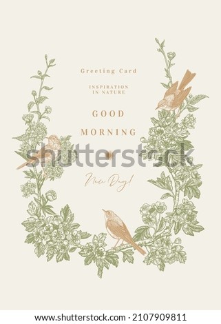 Elegant frame with blooming spring branches and birds. Wedding invitation. Green and gold.