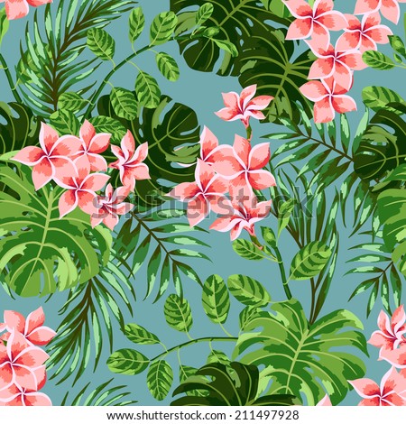 Seamless exotic  pattern with  tropical leaves and flowers on a blue background. Vector illustration.