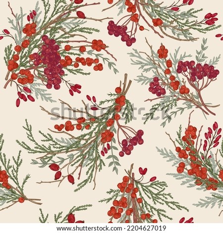 Seamless pattern with winter berry bouquets. Juniper, boxwood, viburnum, holly, holi, barberry. Botanical illustration. Vector.