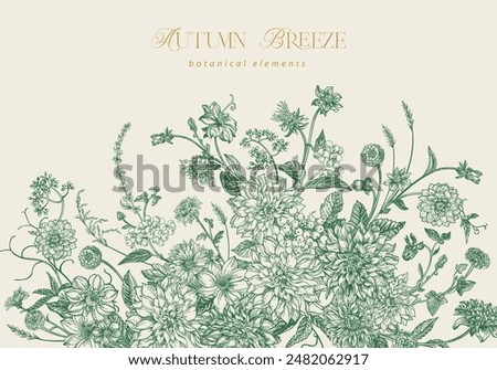 Card with summer and autumn flowers. Dahlias, zinnias, asters, dogwood berries, maiden vine. Floral horizontal border. Vector botanical illustration. Vintage style. Green.