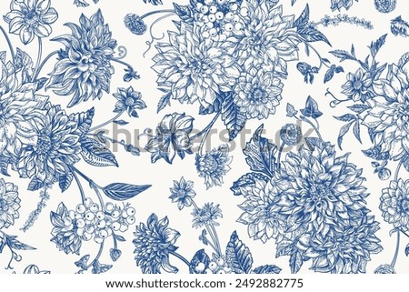 Seamless autumn floral pattern with dahlias, chrysanthemums, asters, zinnias, dogwood berries. Blue