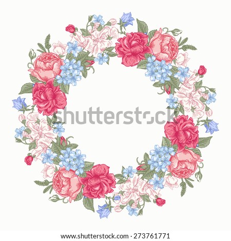 Invitation card with floral round wreath. Roses, decorative peas, buttercups. Vintage vector illustration.
