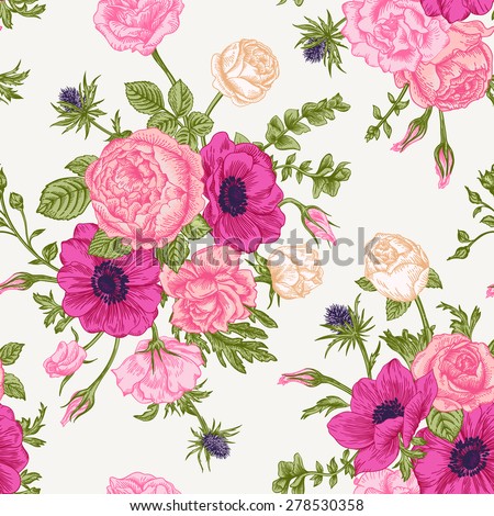 Seamless floral pattern with bouquet of colorful flowers on a white background. Roses, anemones, eustoma.