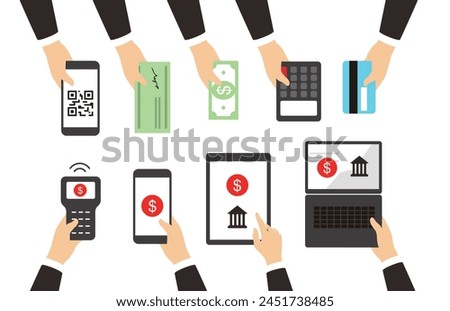 A group of people are holding various electronic devices and money, including a cell phone, a tablet, a laptop, and a credit card. Concept of modern technology and financial transactions