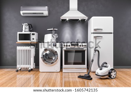 Set of home kitchen appliances in the room on the wall background 3D