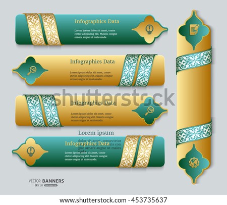 Set of green and golden banners with decorative floral ribbons; Islamic arabesque banners