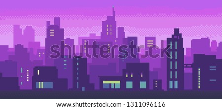 Pixel art neon night city with buildings panorama