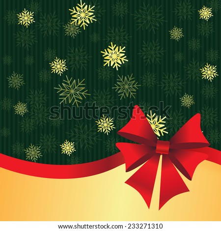 Green Christmas background with strips, golden snowflakes and gift bow