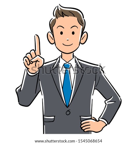 Upper body of young businessman explaining with index finger up