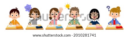 Various facial expressions and gestures of elementary school boys and girls taking classes