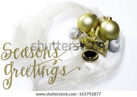 Season\'s Greetings with Gold Silver Background Bells, Bulbs, Baubles