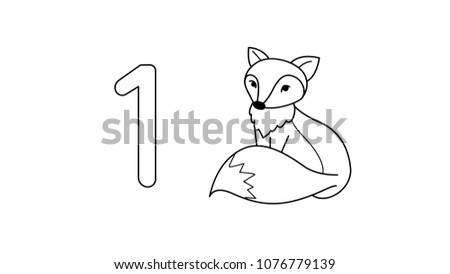 Line Art Of Number One And A Fox For Coloring Book Page Kids Vector