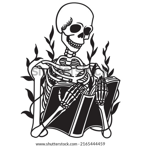 Skeleton holding book for design element. Vector illustration.