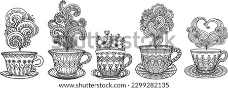 Set of coffee cup or tea cup with artistic steam for adult coloring page, engraving, papercut, laser cut and so on. Vector illustration.